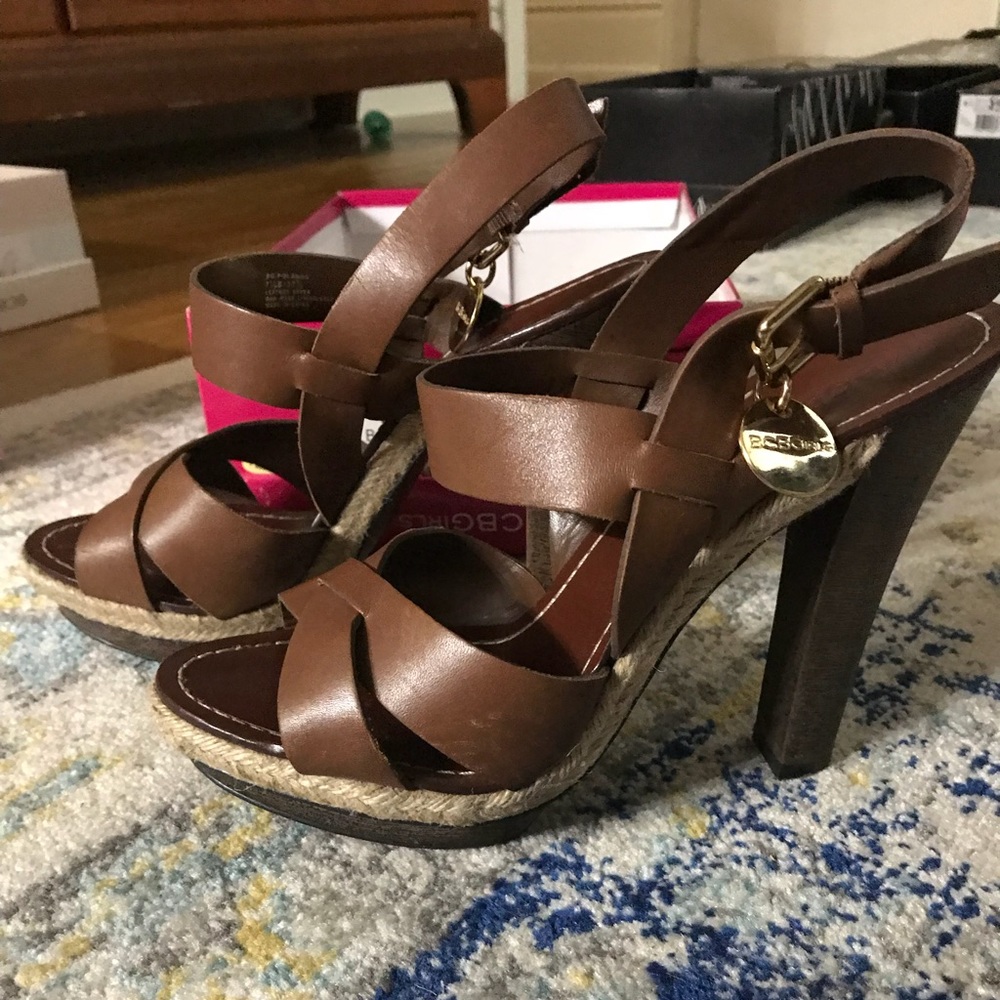 BCBG camel platform heel sandals